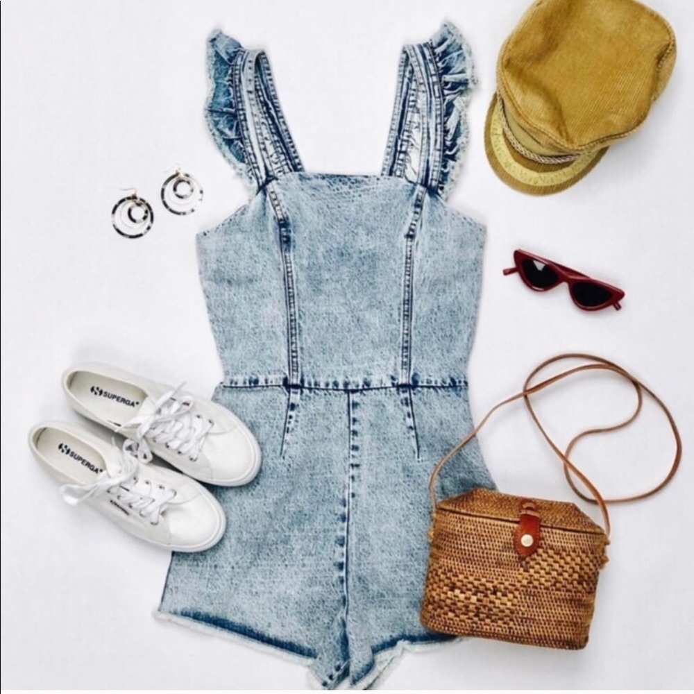 Denim overall ruffle romper